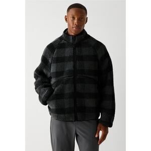 Fabletics Summit High Pile Fleece Jacket Size XL Black Plaid Travel Outdoor NWT